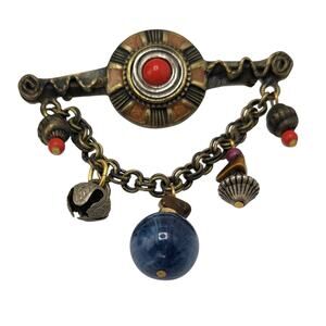 Vintage Artisan Charm Brooch Dangle Mixed Media Tribal Style
